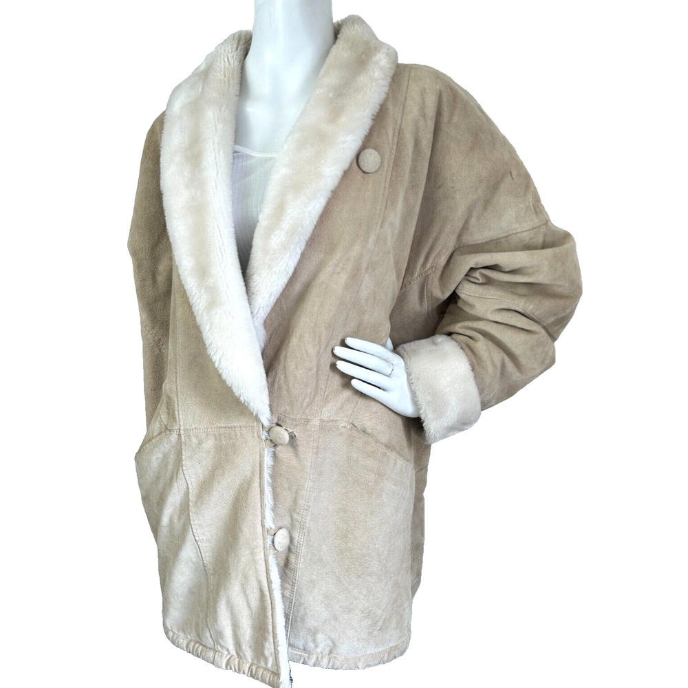Vintage Fitz Wright Leather Suede Faux Shearling Coat Shawl Collar Size Large - Picture 2 of 16